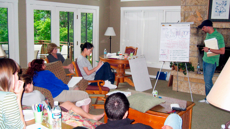 Green Lab members working and planning