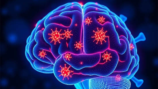 Conceptual graphic showing an electric blue digital illustration of a human brain with multiple glowing red pathogen or virus-like symbols scattered across its structure