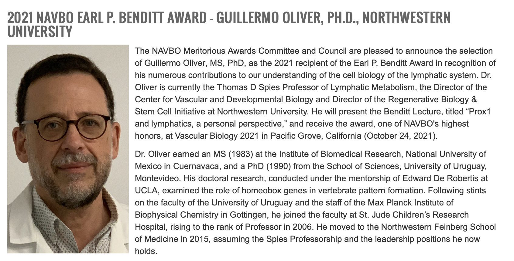 Dr. Oliver awarded with the 2021 Earl Benditt award 
