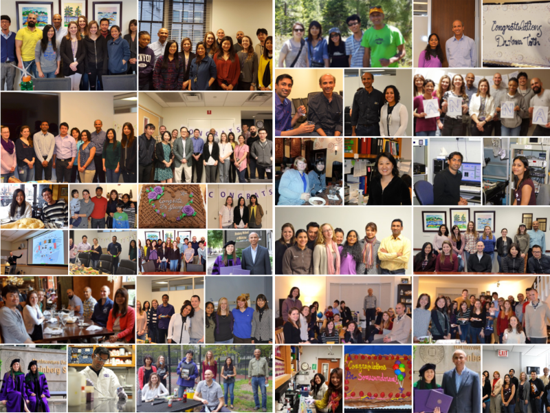 Collage with photos of lab staff at events and celebrations